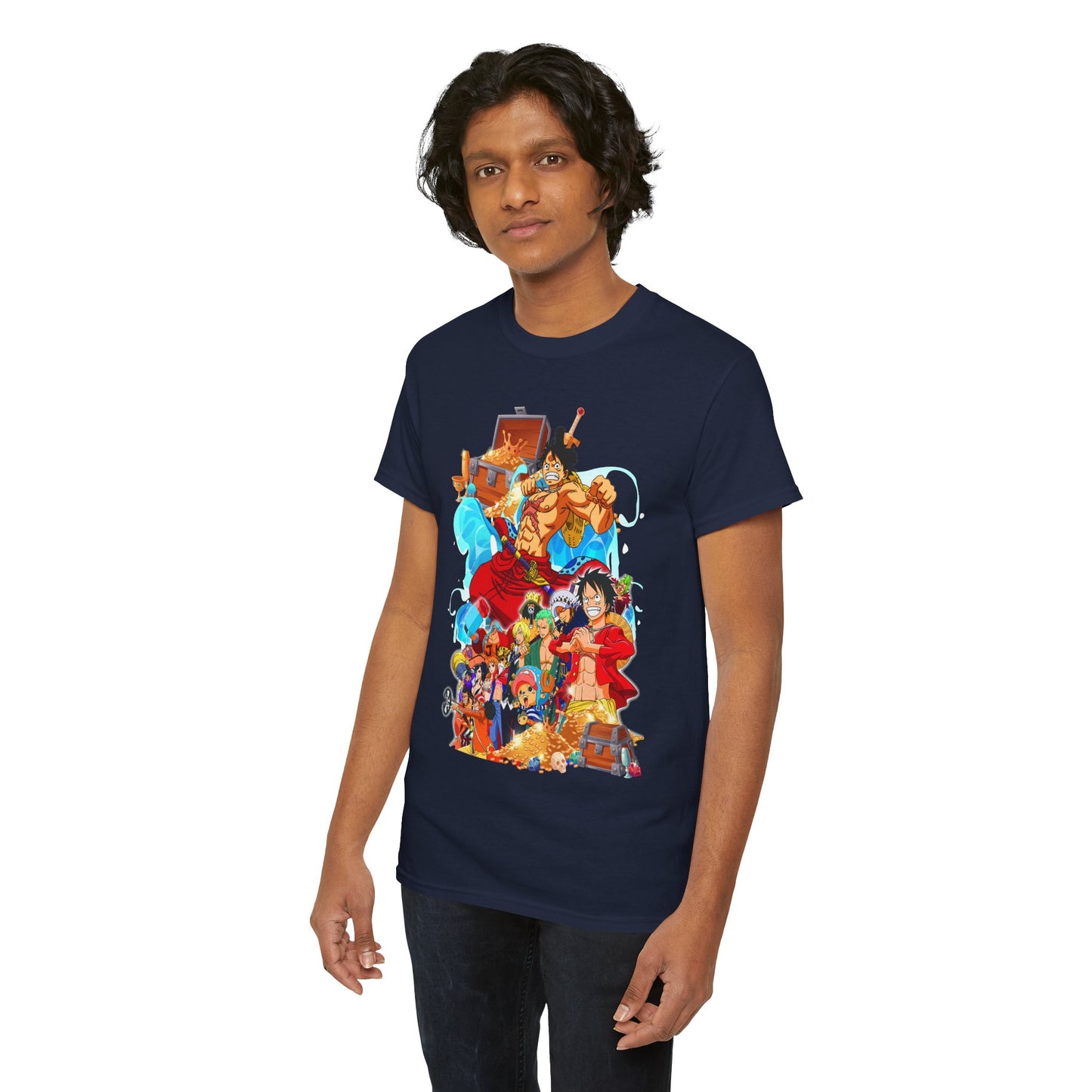 Chic male model showcasing a luxurious navy blue T-shirt adorned with colorful anime character art, perfect for fans looking to express their passion.