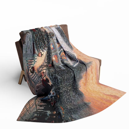 Decorative and Warm Christmas Arctic Fleece Blanket draped over a stylish armchair, displaying its captivating print and adding a touch of seasonal elegance to home décor.