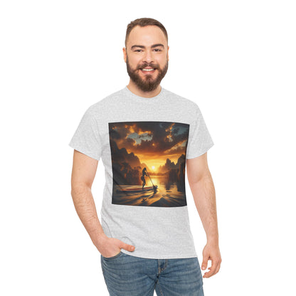 Luxury Paddle Boarding T-Shirt by Dazzling Dreams Studio showcasing a vibrant paddleboarding graphic, perfect for water sports enthusiasts and nature lovers.