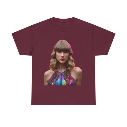 Elegant Swifties Psychedelic Taylor Swift Heavy Cotton Tee in maroon with a vibrant psychedelic print of Taylor Swift, showcasing luxury design for devoted fans.