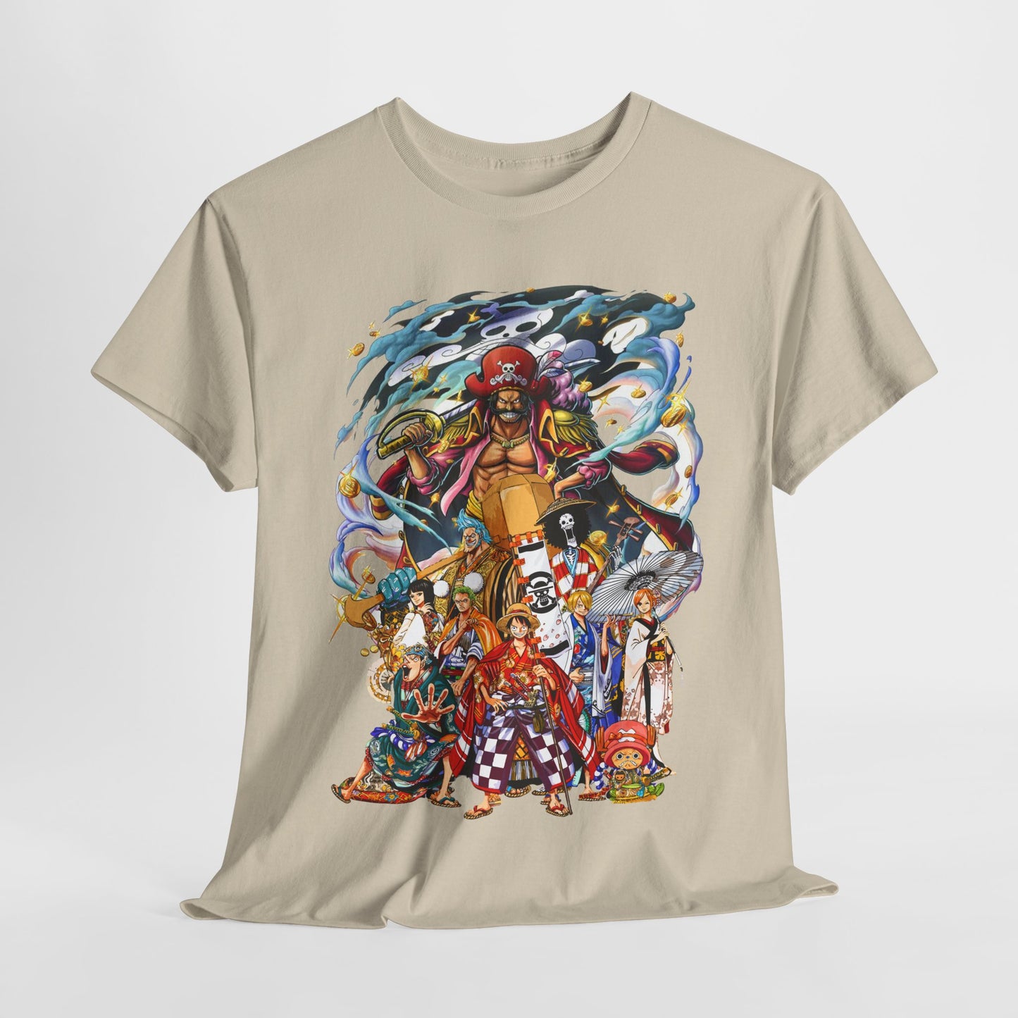 Exquisite beige men's T-shirt artfully arranged, featuring a dynamic pirate-themed graphic surrounded by anime characters, a must-have for fans of bold fashion.