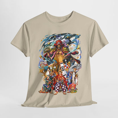 Exquisite beige men's T-shirt artfully arranged, featuring a dynamic pirate-themed graphic surrounded by anime characters, a must-have for fans of bold fashion.