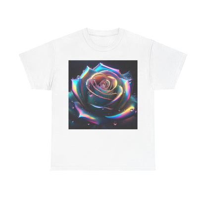 Ethereal Rose Tee Unisex Cotton Graphic T Shirt featuring a captivating close-up of an iridescent rose with water droplets on a crisp white backdrop.