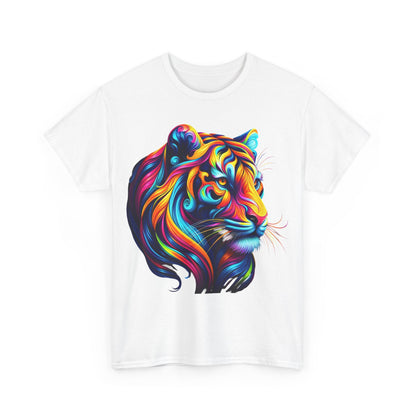 Tiger's Whimsy Graphic Unisex T-Shirt featuring intricate, vibrant tiger artwork in multicoloured design, showcasing a stylised tiger's head.