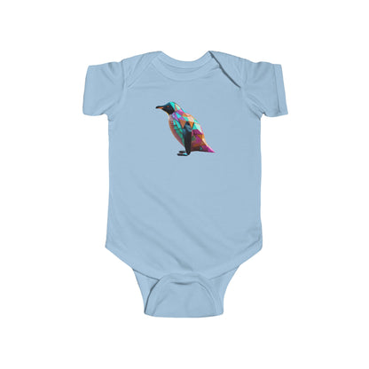 Cute Penguin Bodysuit in light blue, featuring a sophisticated geometric penguin motif, great for stylish baby attire.