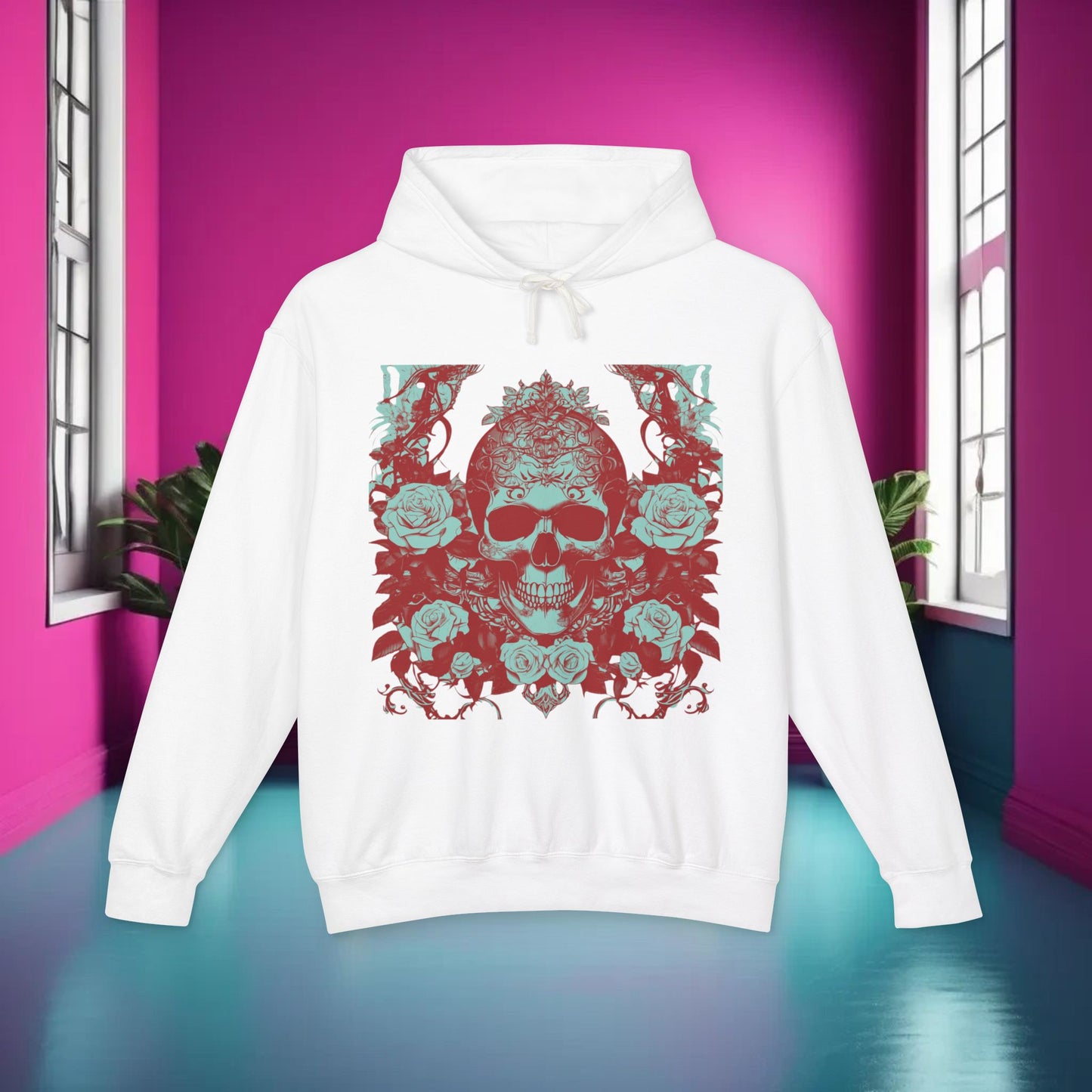 Skull and Roses Lightweight Hoodie, Unisex Edgy Designer Sweatshirt, Hipster