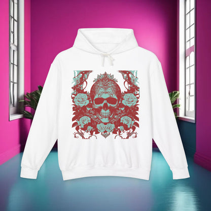 Elegant white Skull and Roses Lightweight Hoodie against a bold pink backdrop, illustrating a luxury unisex designer sweatshirt with striking details.