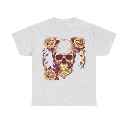 Front view of the Skulls and Roses Cotton Tee in grey, featuring a luxurious skull and rose graphic that enhances your unique style.