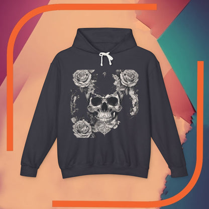 Unisex Lightweight Hooded Sweatshirt with a dramatic skull and roses design set against a stylish background, redefining contemporary street fashion.