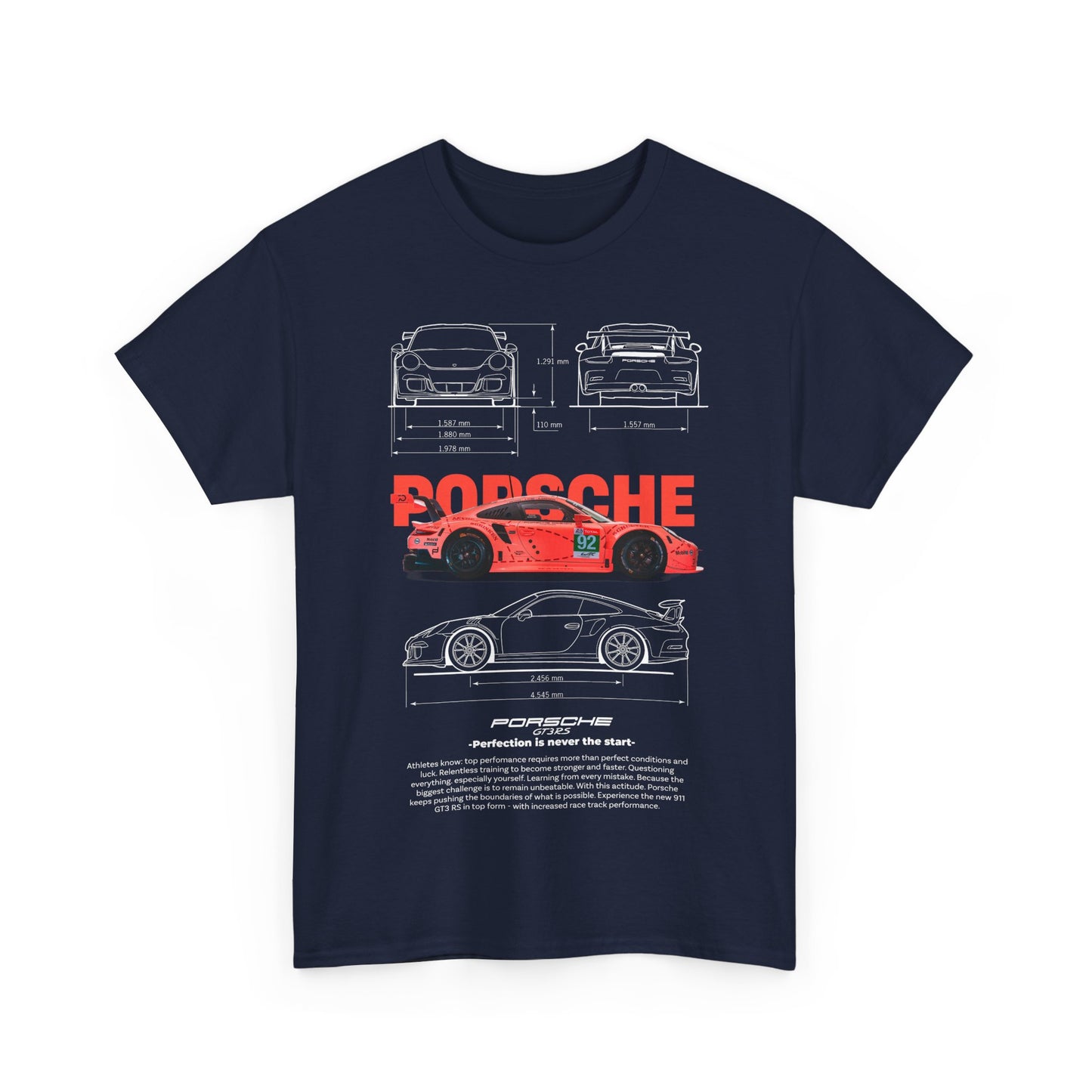 Front view of a navy blue men's t-shirt with an artistic coral-pink race car graphic and motivational tagline, embodying automotive passion.