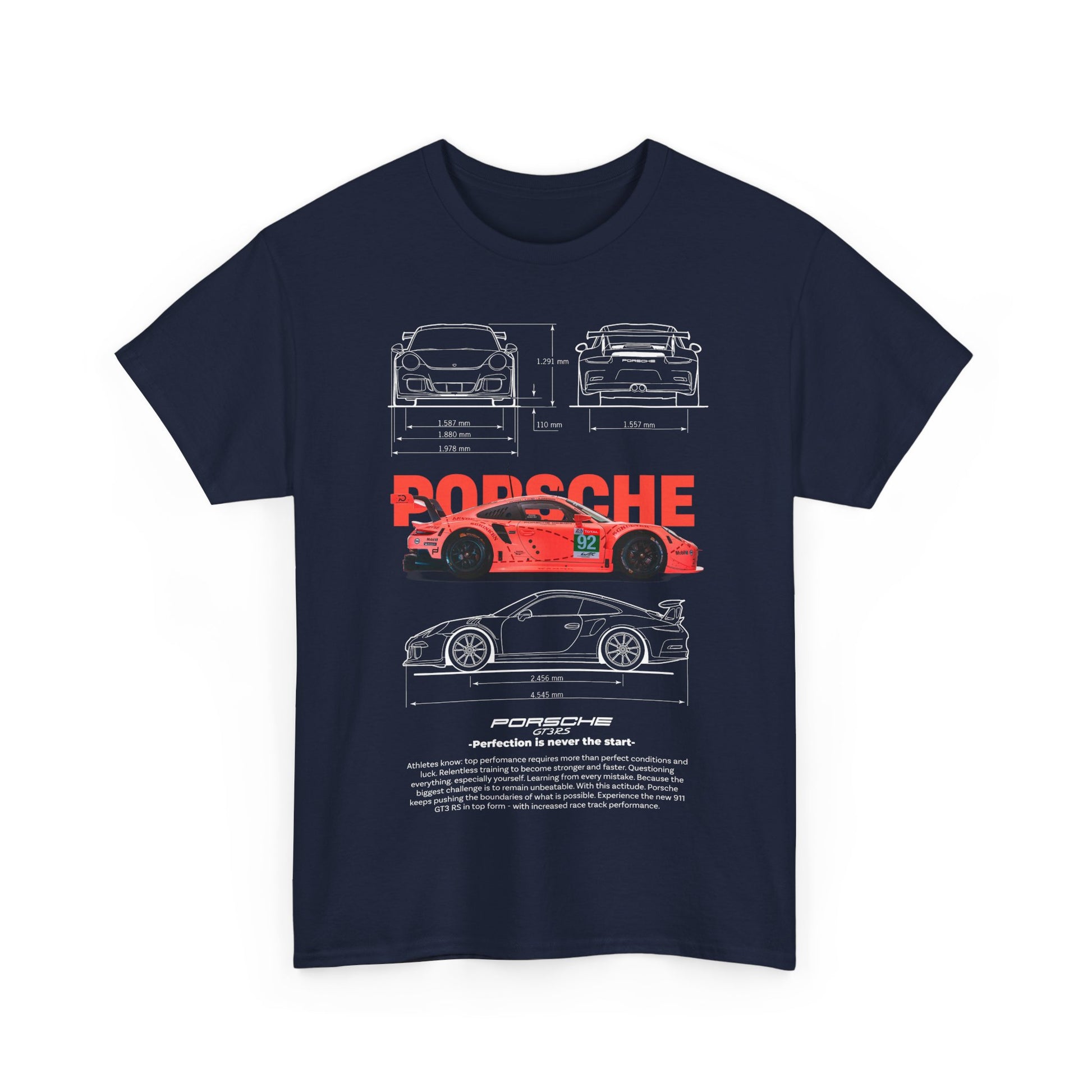 Front view of a navy blue men's t-shirt with an artistic coral-pink race car graphic and motivational tagline, embodying automotive passion.