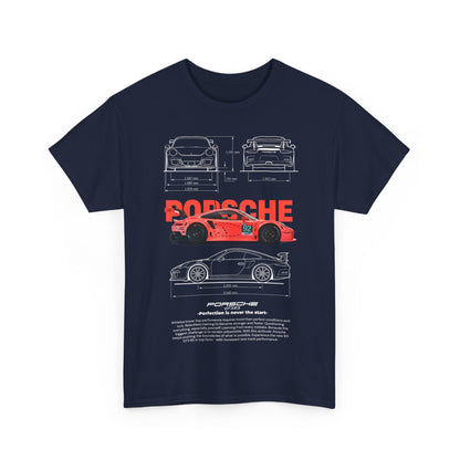 Front view of a navy blue men's t-shirt with an artistic coral-pink race car graphic and motivational tagline, embodying automotive passion.
