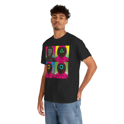 Elegant Squid Game Pop Art Unisex T-Shirt showcased on a model, illustrating a striking graphic design of masked characters in bold colours.