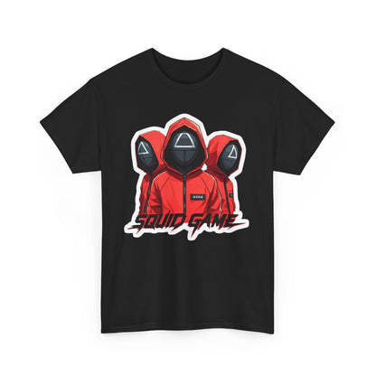 Elegant Squid Game Unisex T-Shirt showcasing an artistic rendering of three red-hooded figures, ideal for fashion-forward enthusiasts.