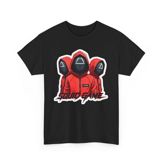 Elegant Squid Game Unisex T-Shirt showcasing an artistic rendering of three red-hooded figures, ideal for fashion-forward enthusiasts.