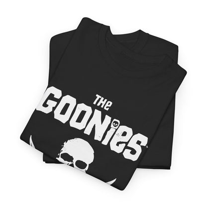 The Goonies Graphic T-Shirt Urban Unisex Cotton Tee featuring a bold, stylized logo with a skull and crossed swords design in striking white on a classic black background, symbolising adventure and nostalgia.