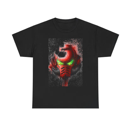 Sophisticated black t-shirt showcasing an eye-catching red helmet illustration with luminescent green eyes, complemented by a stylish splatter art effect. Ideal for trendy individuals seeking unique urban apparel.