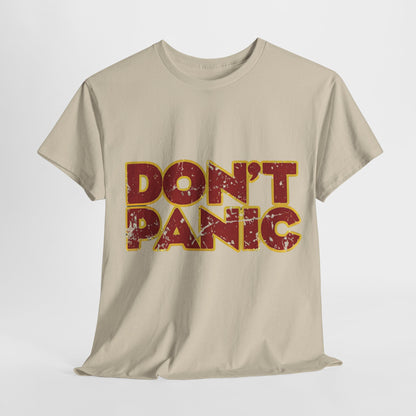 Luxury Don't Panic Hitch Hikers Guide Graphic T-Shirt in beige colour. Unisex design featuring a whimsical graphic.