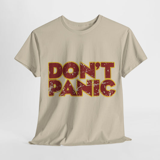 Luxury Don't Panic Hitch Hikers Guide Graphic T-Shirt in beige colour. Unisex design featuring a whimsical graphic.
