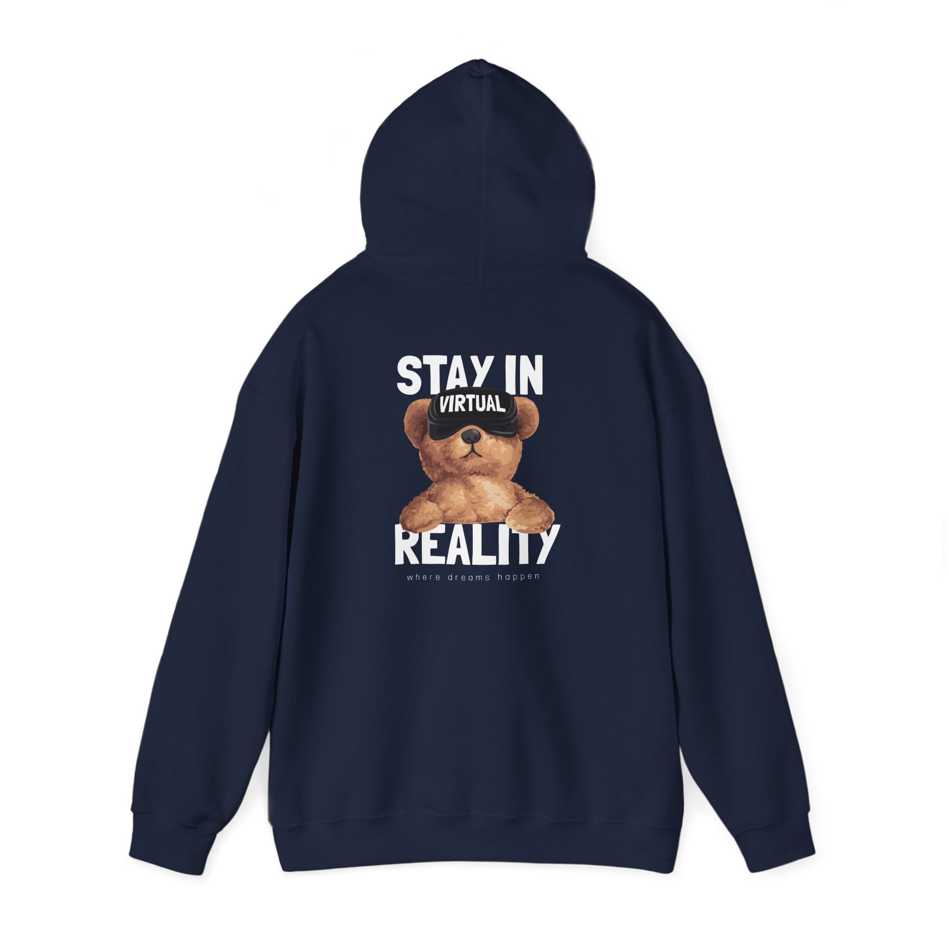 Luxurious navy hoodie featuring an adorable teddy bear design with VR goggles, emblazoned with 'STAY IN VIRTUAL REALITY' and the message 'where dreams happen' in bold, eye-catching letters. Perfect for stylish comfort and playful expression.