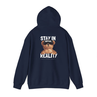 Luxurious navy hoodie featuring an adorable teddy bear design with VR goggles, emblazoned with 'STAY IN VIRTUAL REALITY' and the message 'where dreams happen' in bold, eye-catching letters. Perfect for stylish comfort and playful expression.
