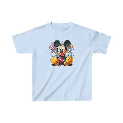 Child's Mickey Mouse Unisex Graphic Tee Shirt Kids in pastel blue, featuring a playful Mickey Mouse design with a lollipop, perfect for joyous occasions.