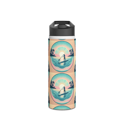 Elegant Fantasy Paddleboarding Stainless Steel Water Bottle showcasing a chic aesthetic with a paddleboarder silhouette and a colourful sunset, ideal for stylish hydration on adventures.