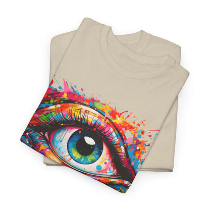 Folded Visionary Drip Luxe Tees in cream, showcasing vibrant eye artwork, ideal for fashion-forward individuals seeking artistic expression.