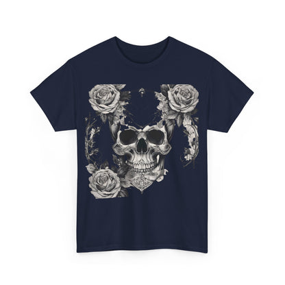 Close-up of the Skulls and Roses Cotton Tee featuring a detailed skull and floral design, illustrating its bold statement aesthetics.