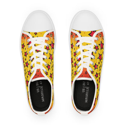 Close-up of Zara Thunderstrike Lowtop Sneakers showcasing vivid yellow star symbols on a bold red background, designed by Dazzling Dreams Studio.