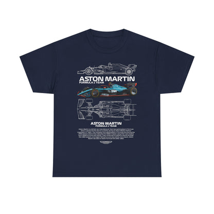 Stylish Aston Martin Formula 1 Team men's T-shirt in navy blue, displaying a detailed graphic of a Formula 1 race car with prominent Aston Martin branding.