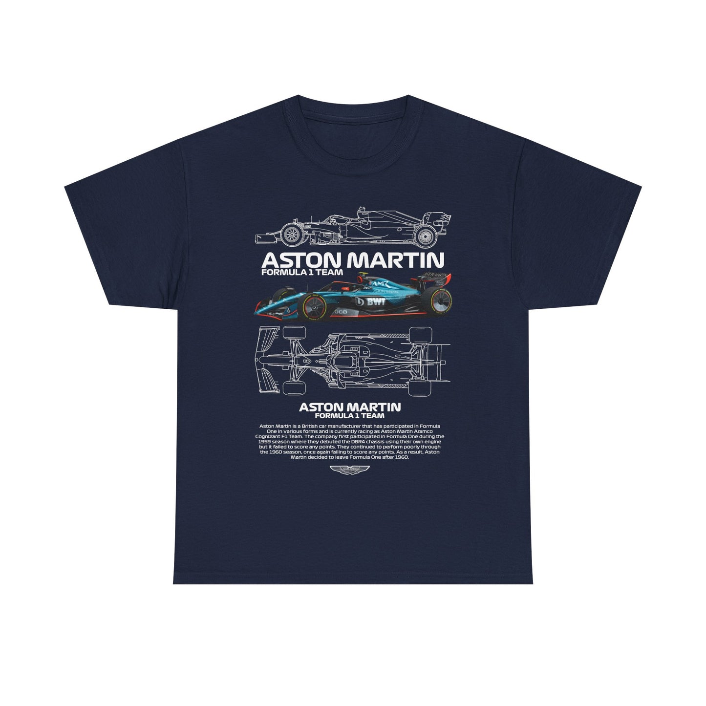 Sophisticated Aston Martin Formula 1 Team men's T-shirt in navy blue displaying a striking graphic of the iconic race car and its intricate design elements.