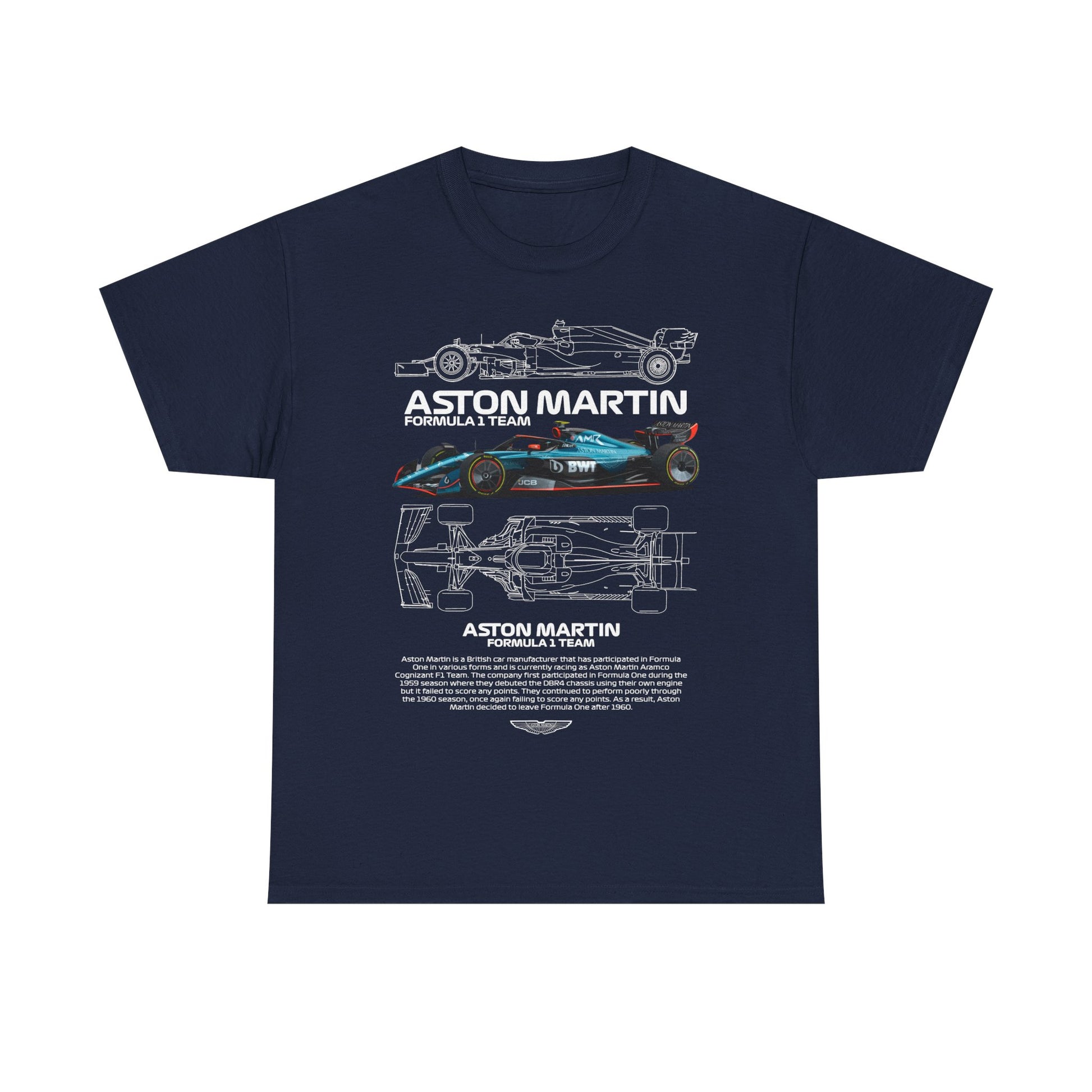 Sophisticated Aston Martin Formula 1 Team men's T-shirt in navy blue displaying a striking graphic of the iconic race car and its intricate design elements.