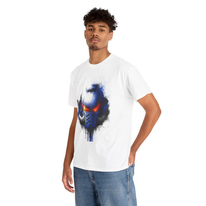 Fashionable young man wearing a white graphic t-shirt featuring a captivating blue and orange helmet design, exuding confidence and contemporary flair in a luxurious urban setting.