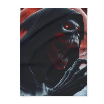Decorative and Warm Halloween Spooky Arctic Fleece Blanket featuring a menacing hooded figure with glowing eyes, ideal for adding a touch of luxury to your Halloween decor.
