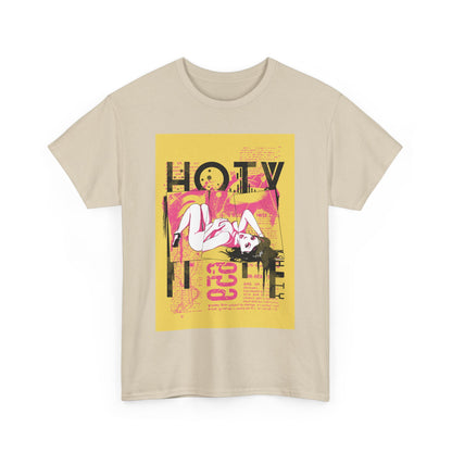Men's luxurious graphic t-shirt featuring a bold 'HOTY' design, showcasing vibrant colours and artistic imagery for a standout fashion statement.