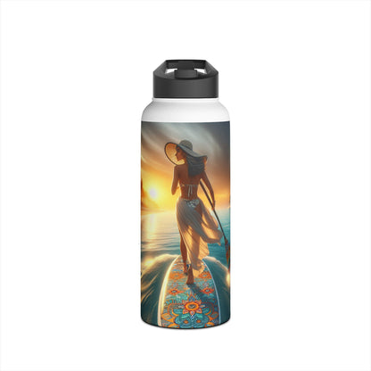 Chic Fantasy Paddleboarding Stainless Steel Water Bottle highlighting an artistic design of a woman paddleboarding as the sun sets.