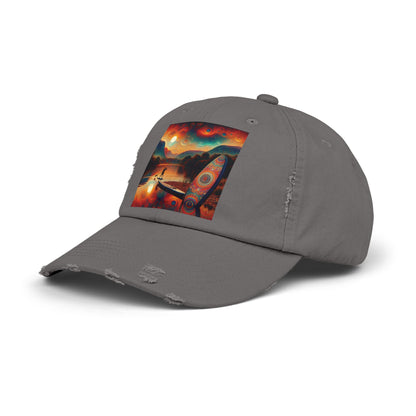 Unisex Distressed Paddleboarders Cap in dark grey showcasing a stunning paddleboard scene, offering luxury sun protection for paddleboard enthusiasts.