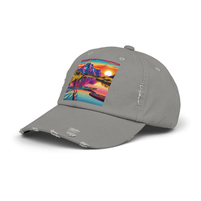 Unisex Distressed Paddleboarders Cap in sophisticated grey, elegantly displaying a serene paddleboarding scene, perfect for elite sun protection.