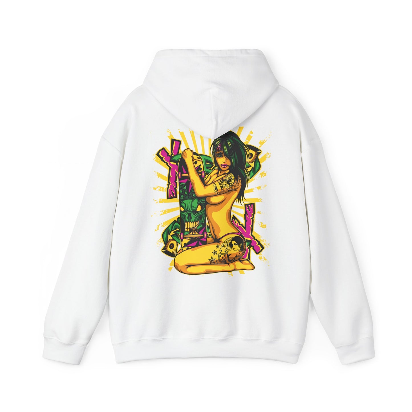 Vibrant white hoodie featuring a captivating pop art design on the back. The artwork showcases a nude woman with striking green hair and intricate tattoos, holding a skateboard with a vivid monster skull graphic, radiating dynamic energy.