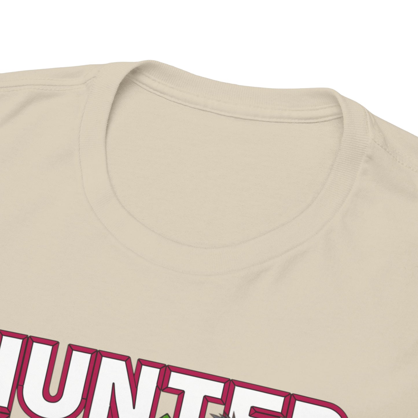Close-up of the luxurious neckline of a Hunter x Hunter T-shirt, showcasing its premium fabric and high-end construction, ideal for discerning anime fans.