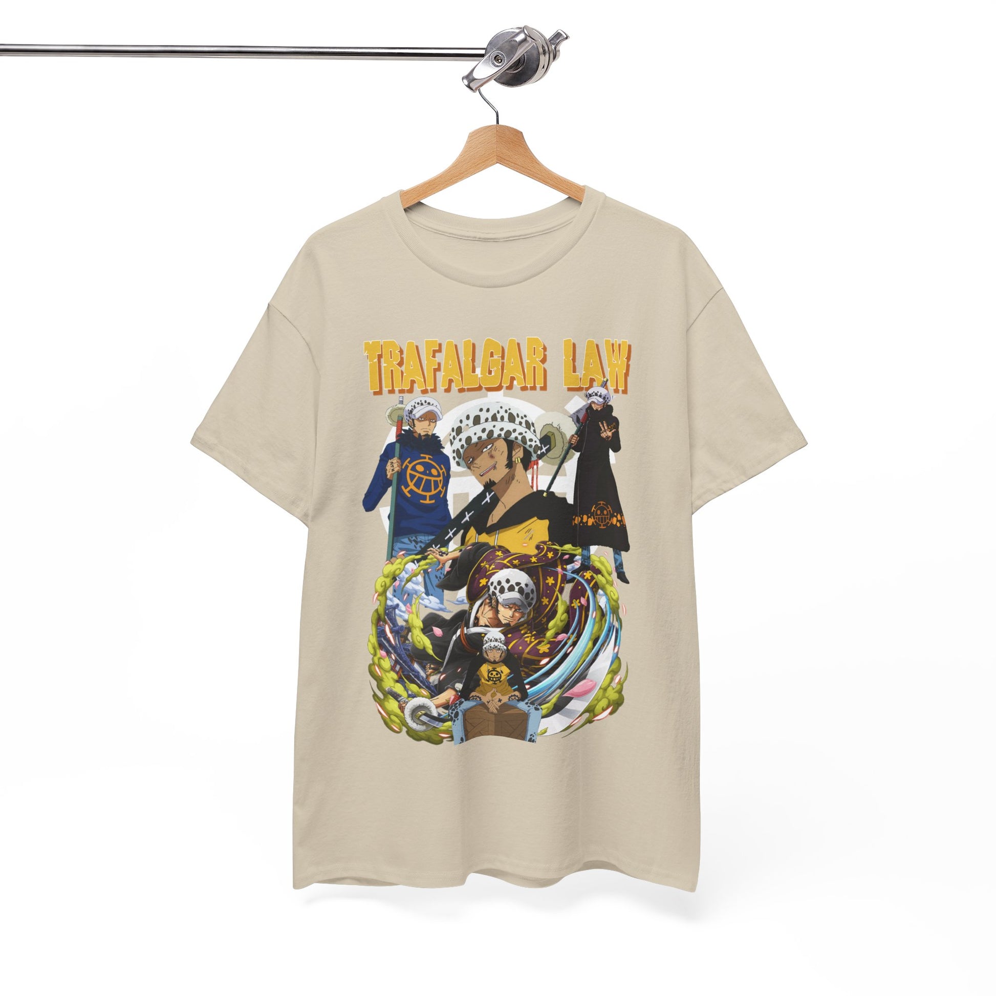 Stylish Trafalgar Law T-Shirt hanging elegantly, emphasizing captivating graphic elements and premium fabric, a must-have for anime aficionados.