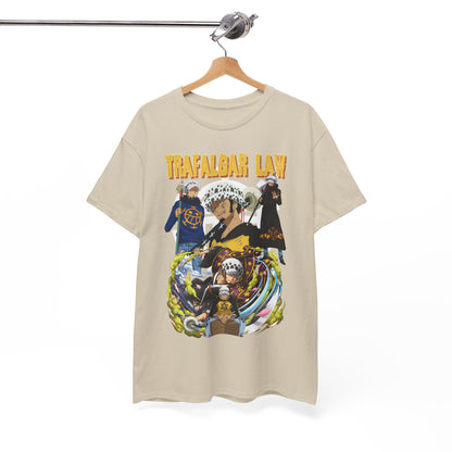 Stylish Trafalgar Law T-Shirt hanging elegantly, emphasizing captivating graphic elements and premium fabric, a must-have for anime aficionados.