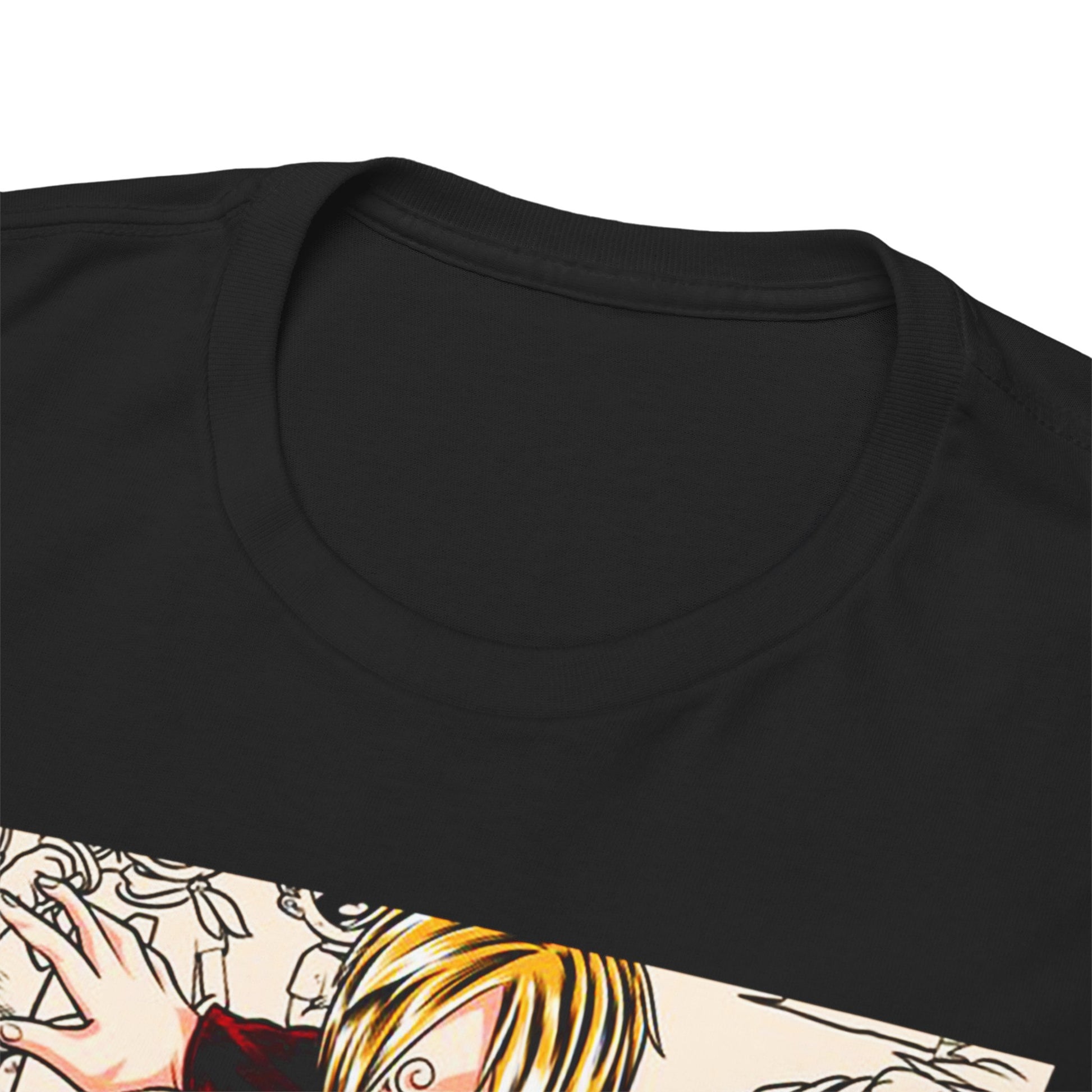 Close-up view of a premium black t-shirt collar, showcasing the intricate detail of the luxurious fabric and neckline, designed for anime lovers.