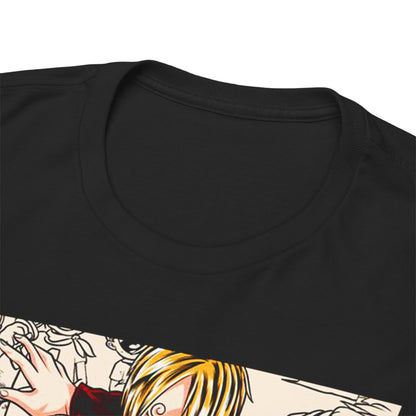 Close-up view of a premium black t-shirt collar, showcasing the intricate detail of the luxurious fabric and neckline, designed for anime lovers.