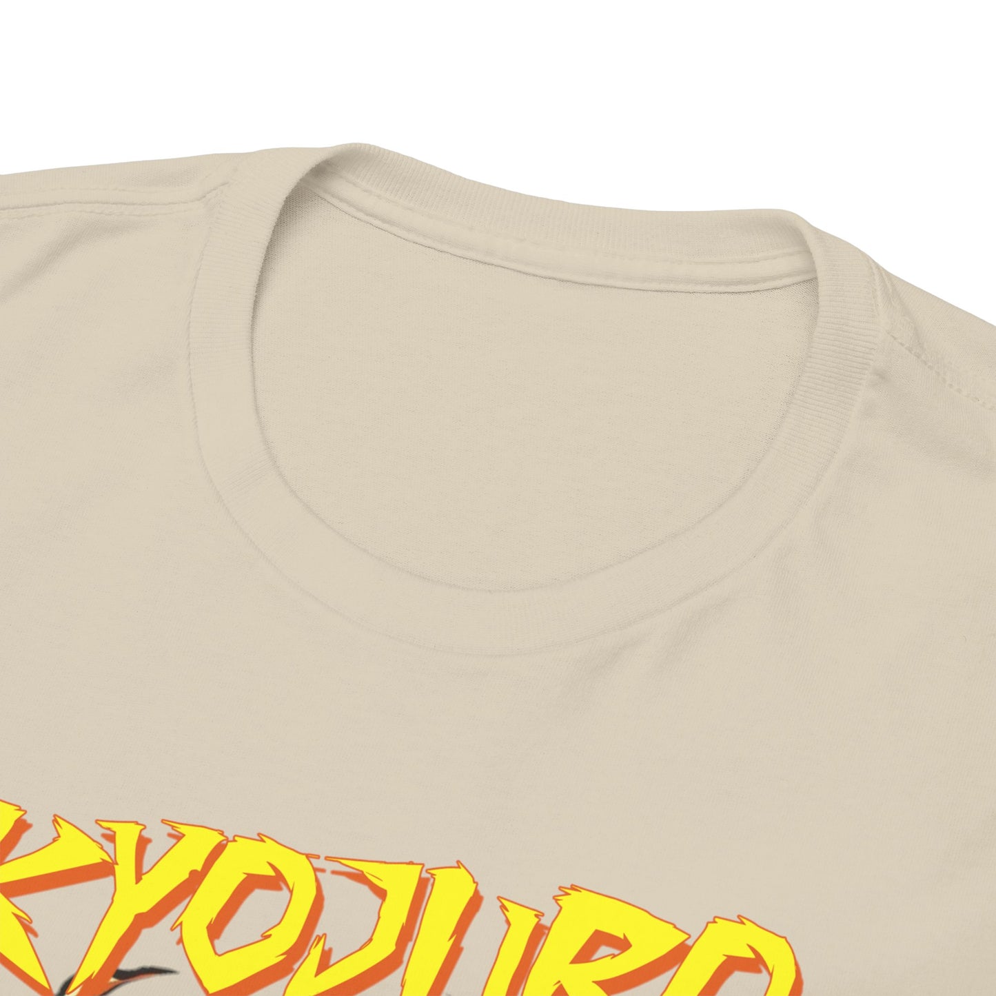 Close-up view of the luxurious neckline of a Kyojuro Rengoku anime t-shirt, featuring intricate detailing and premium quality fabric, epitomising elegance in anime fashion.