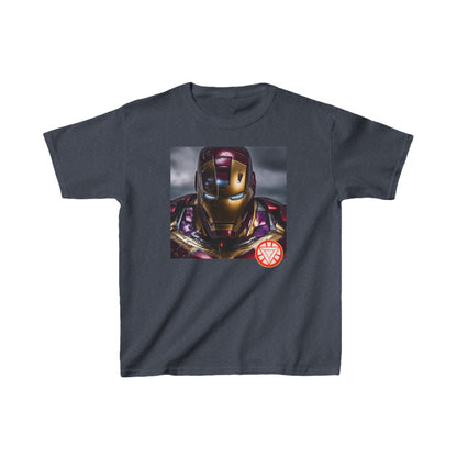Sleek Kids Heavy Cotton Iron Man T-Shirt displaying a vibrant Iron Man graphic on a dark grey fabric, offered in 16 vibrant colours.
