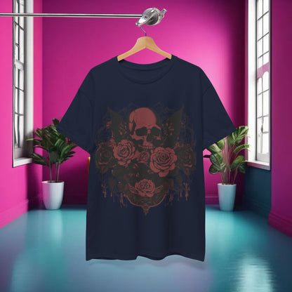 Skulls and Roses Cotton Tee displayed elegantly against a vibrant pink backdrop, highlighting its unique skull and rose design, perfect for alternative fashion lovers.