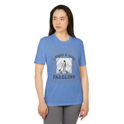 Luxury Adidas Women's Paddleboarders T-shirt in Royal Heather, featuring a chic design and the phrase 'I Need A Good Paddling', perfect for stylish outdoor adventures.
