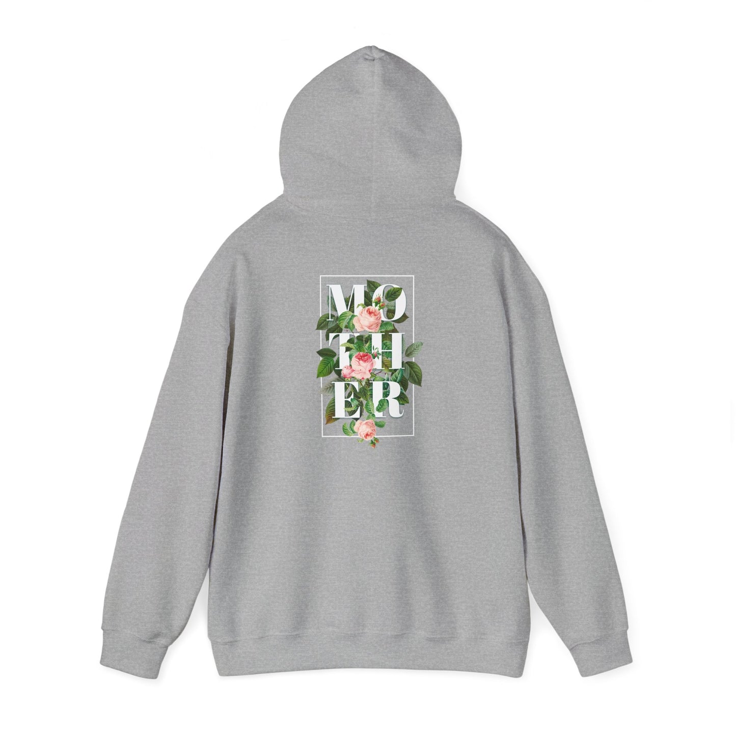 Impeccably styled grey hoodie showcasing a floral back print that spells out 'MOTHER' in bold typography, adorned with delicate pink roses and lush green leaves, encapsulated in a refined square design.